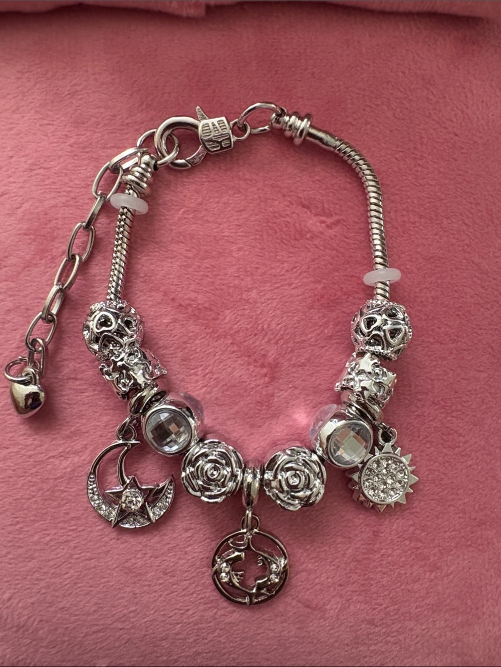 Silver Charm Bracelet with Moon, Sun & Rose Charms